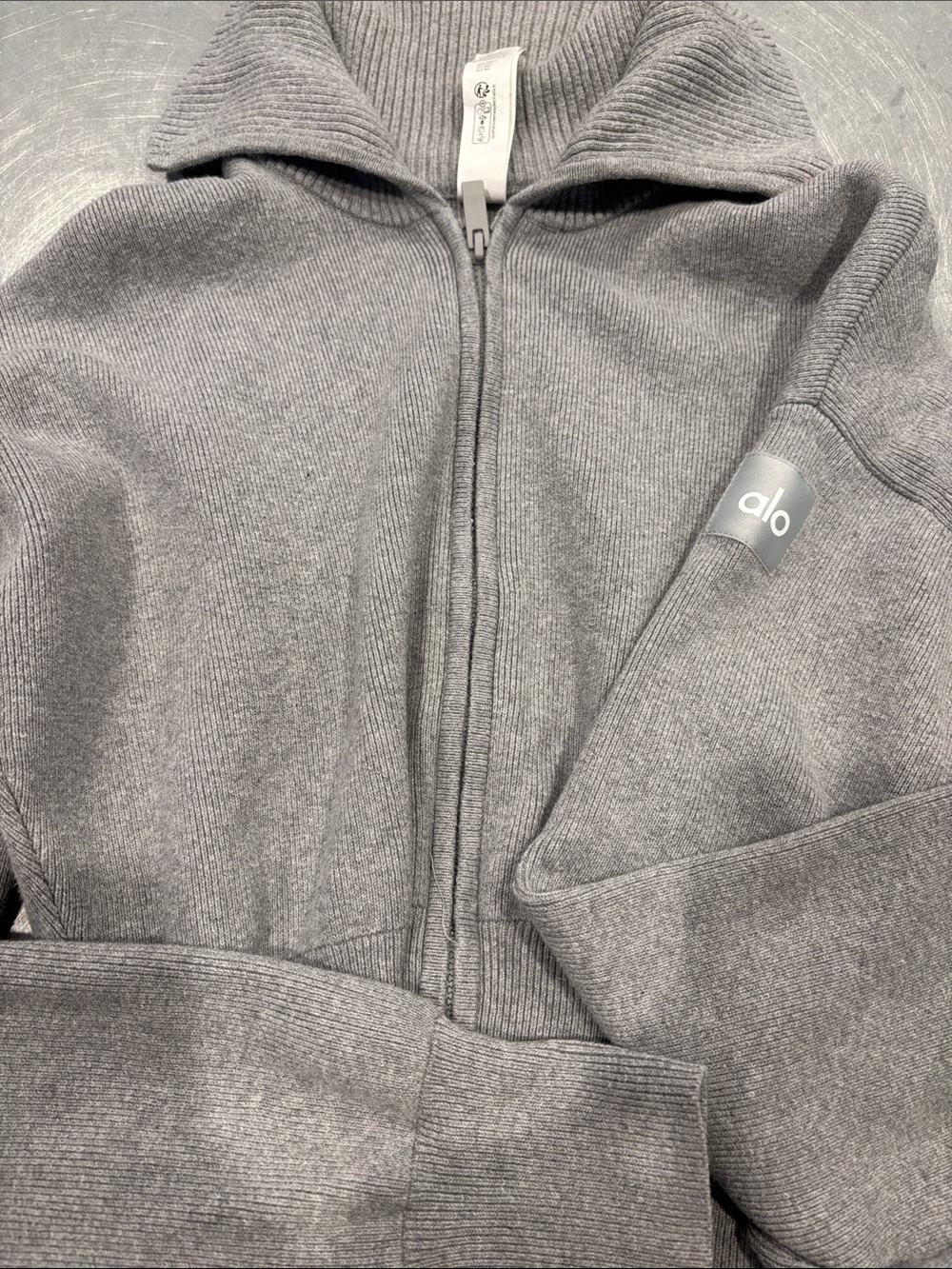 ALO women’s Light Gray Zip-Up Knit Sweater